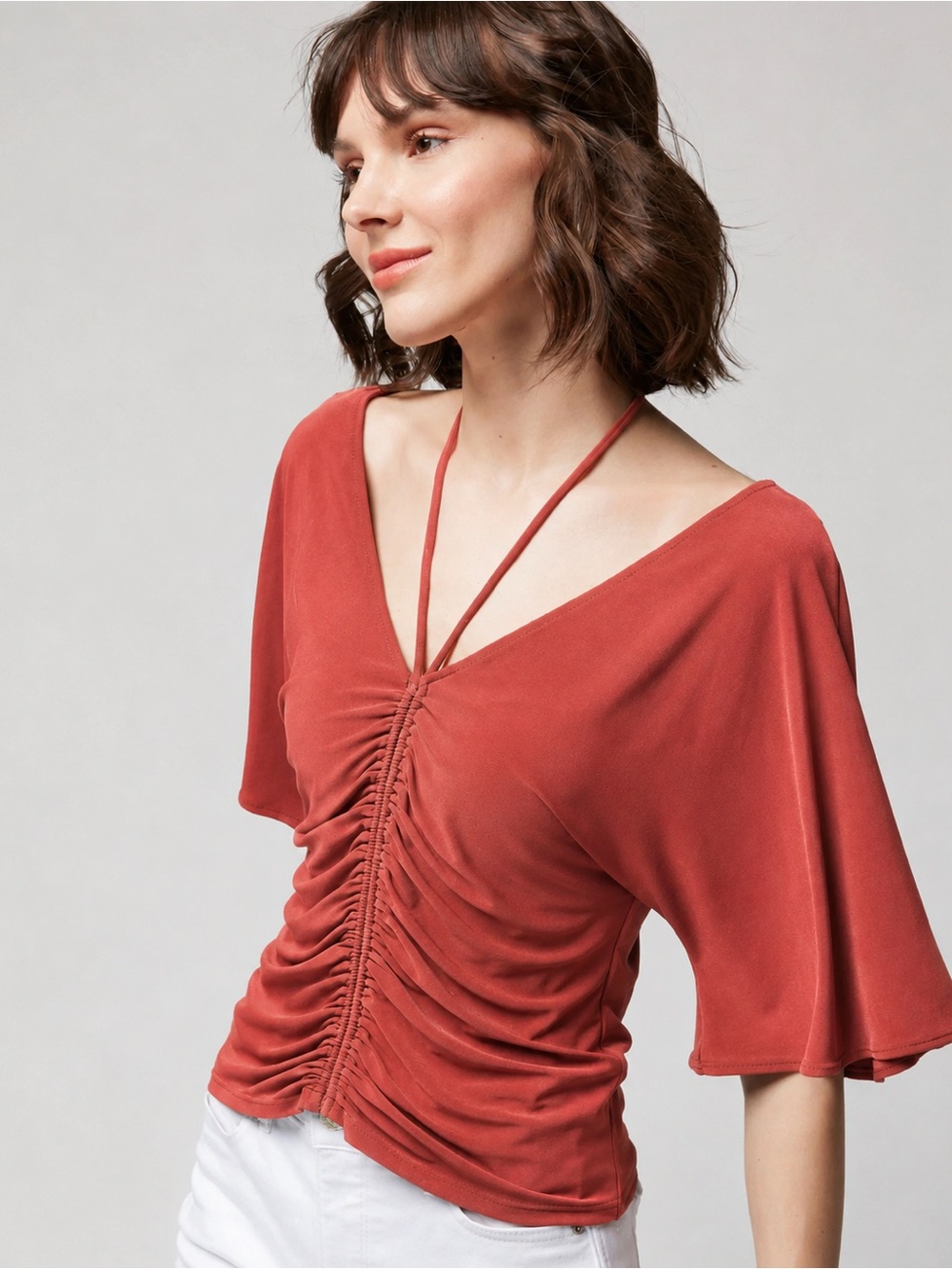 White House Black Market Sienna Ruched Front Flutter Sleeve Top XL NWT
